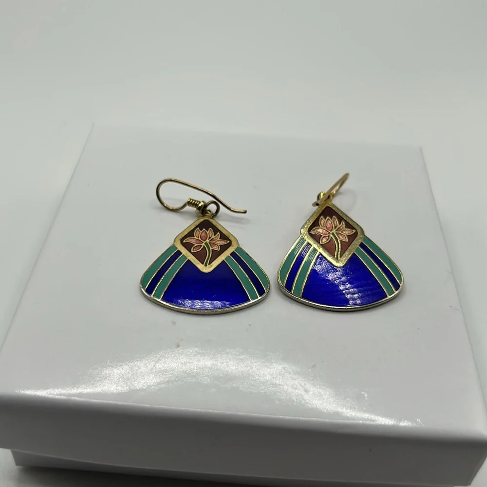Laurel Burch vintage earrings water lily enamel vermeil boho floral blue green